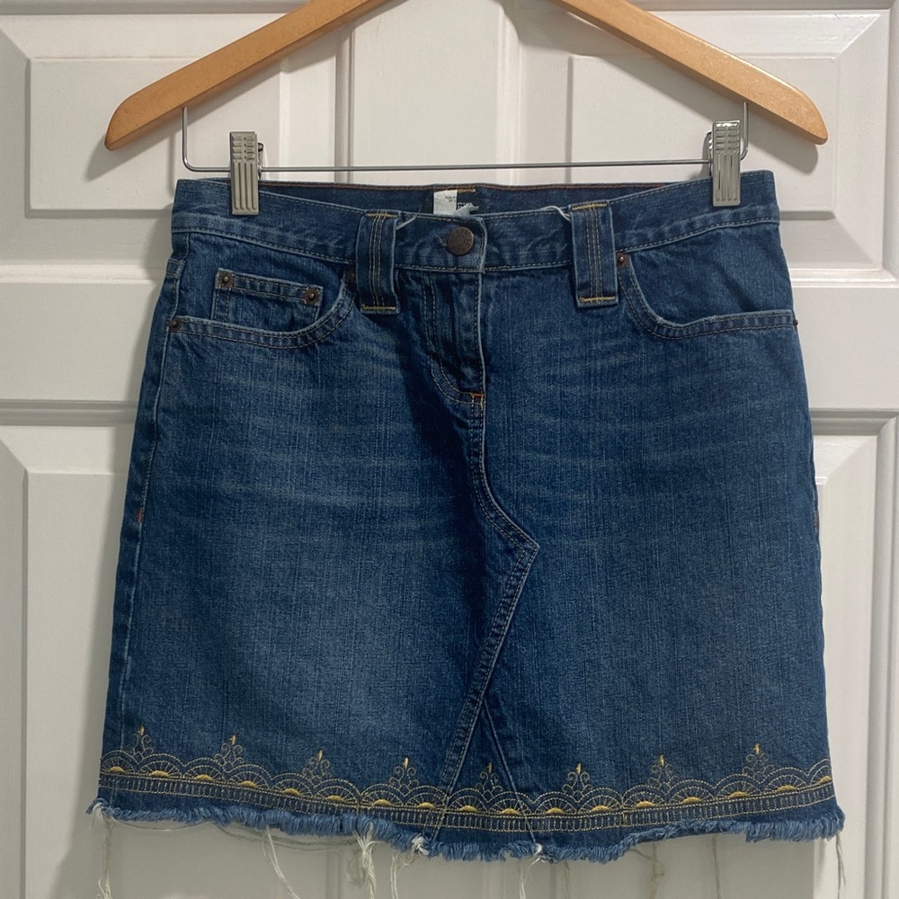 J. Crew Blue Denim Mini Skirt with Gold Embroidered Hem